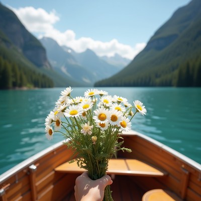 Holding flowers on a boat in a scenic mountain lake