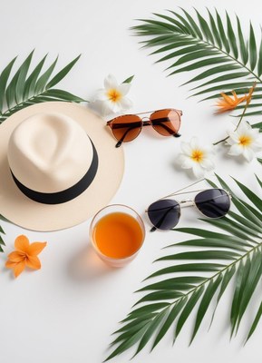 Relaxing summer flat lay with sunglasses and a hat