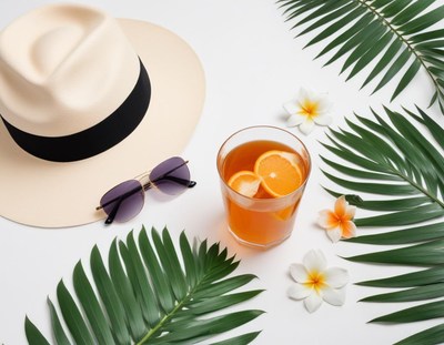 Refreshing tropical drink with summer accessories on table