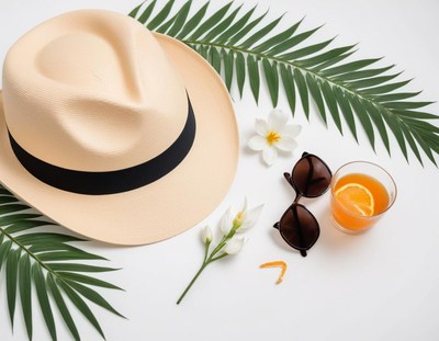 Tropical flat lay with summer essentials and fresh drink