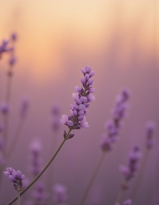 Lavender flowers bloom under a soft sunset sky