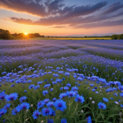 Beautiful sunset over a field of blue flowers