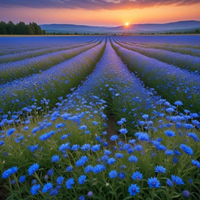 Lavender fields at sunset in tranquil countryside