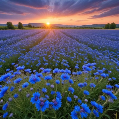 Sunrise over vibrant blue flower field in spring
