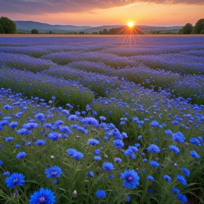 Sunset over blooming blue flowers in open field