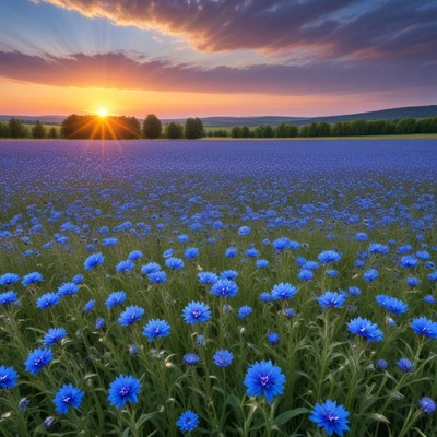 Vibrant blue flowers bloom under a sunset sky