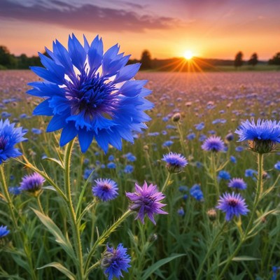 Vibrant blue flowers bloom during sunset in a field