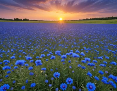 Blue flowers bloom at sunset in a vast field