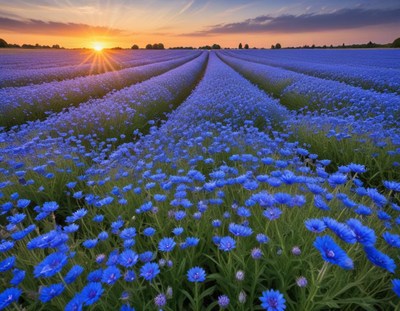 Sunsets over vibrant blue flower fields in spring