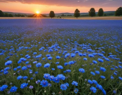 Sunrise over vibrant blue flower field in spring