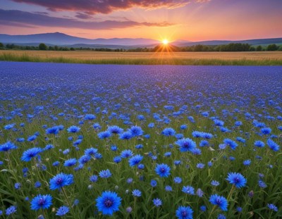 Sunrise over a vibrant blue flower field in nature