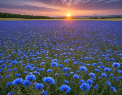 Sunrise over a field of blue flowers in spring
