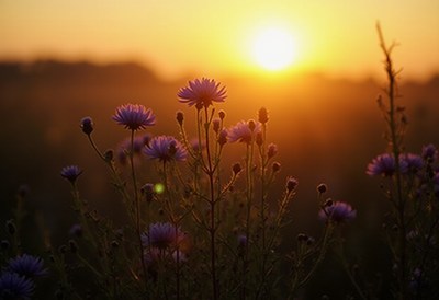 Sunset over blooming wildflowers in serene landscape