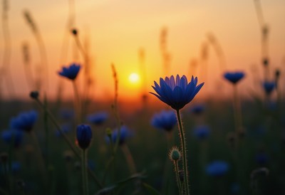 Blue flowers blooming at sunset in a serene field