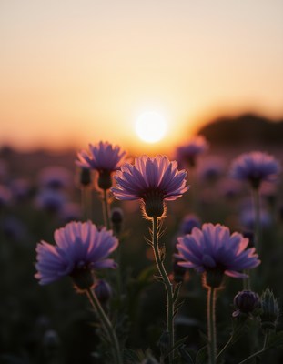 Lovely purple flowers bloom at sunset in open field