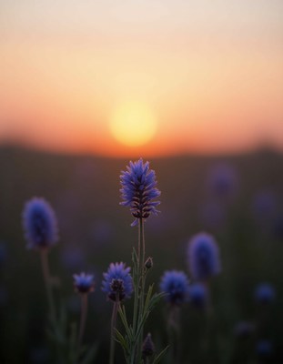 Beautiful lavender flowers bloom at sunset in nature