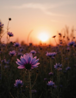 Beautiful purple flowers blooming at sunset