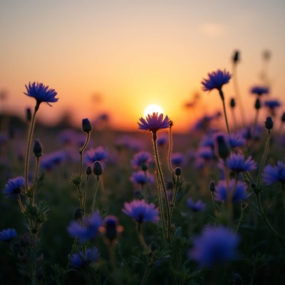 Sunset over a field of blooming flowers