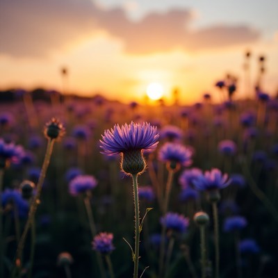 Flowers blooming under a beautiful sunset in the field