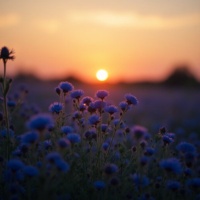 Beautiful sunset over a field of vibrant flowers