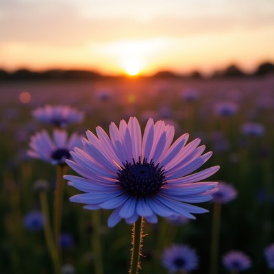 Wildflowers bloom during sunset in a serene landscape