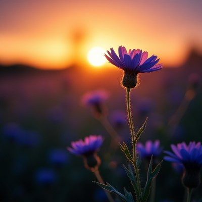 Sunset over blooming wildflowers in vibrant colors