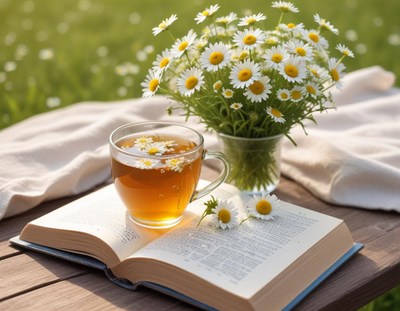 Relaxing moment with tea and daisies in the sunshine