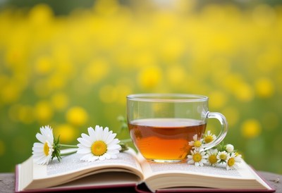 Enjoying tea with daisies and a book in a sunny field