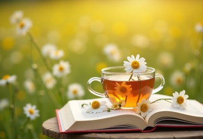 Tea cup with flowers on an open book in a sunny field