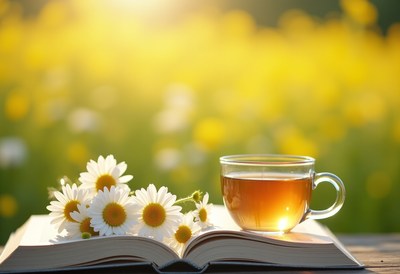 Enjoying tea and reading among blooming flowers