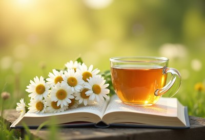 Sunny afternoon with tea, flowers, and an open book