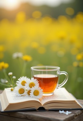 Enjoying tea and reading in a sunny flower field