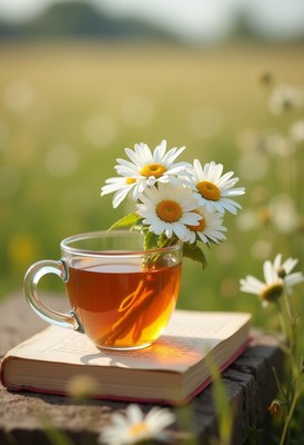 Tea and daisies create a peaceful moment in nature