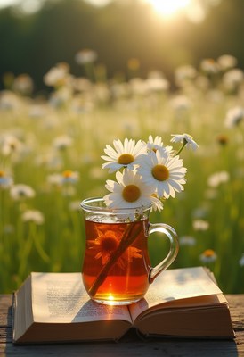 Tea with daisies in a sunlit meadow setting
