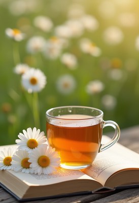Warm tea and fresh daisies on a sunny day