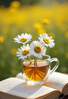 Daisies in a cup on an open book in a blooming field