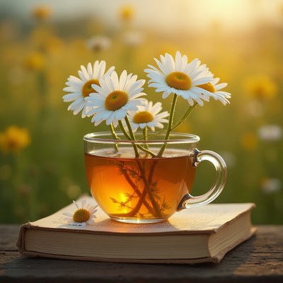 Enjoying herbal tea with daisies in a sunny meadow
