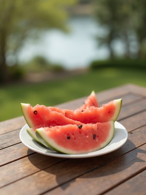 Freshly cut watermelon slices on a sunny table