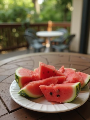 Fresh watermelon slices on a plate at a backyard table