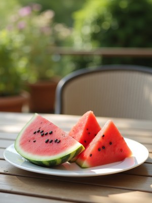 Fresh watermelon slices on a plate in a garden setting