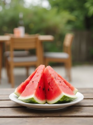 Freshly cut watermelon slices on a white plate outdoors
