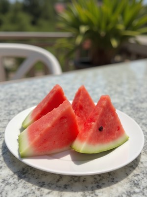 Fresh watermelon slices on a sunny outdoor table