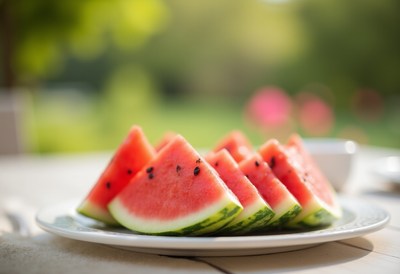 Fresh watermelon slices arranged beautifully outdoors