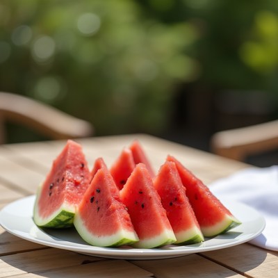Fresh watermelon slices on a sunny outdoor table