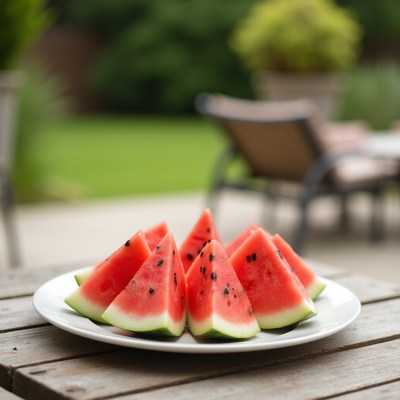 Fresh watermelon slices on a plate in a garden