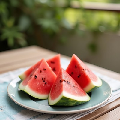 Fresh watermelon slices on a blue plate ready for summer