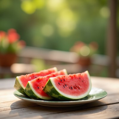 Fresh watermelon slices on a plate outdoors