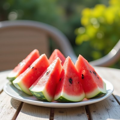 Fresh watermelon slices served on a sunny patio table