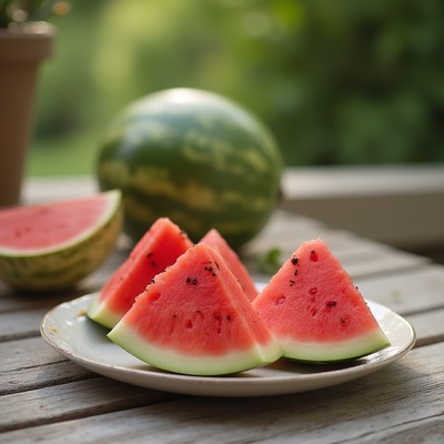 Fresh watermelon slices arranged on a plate outdoors