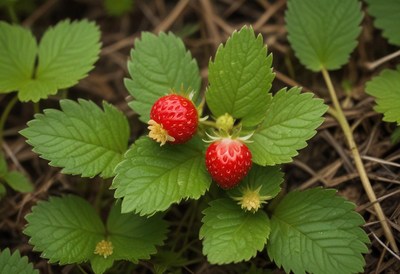 Fresh strawberries growing among vibrant green leaves